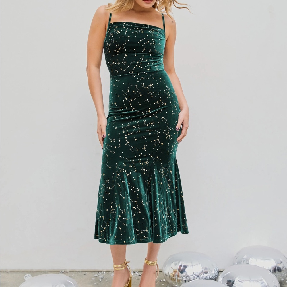 Cider Green Dress with Gold Star Celestial Pattern